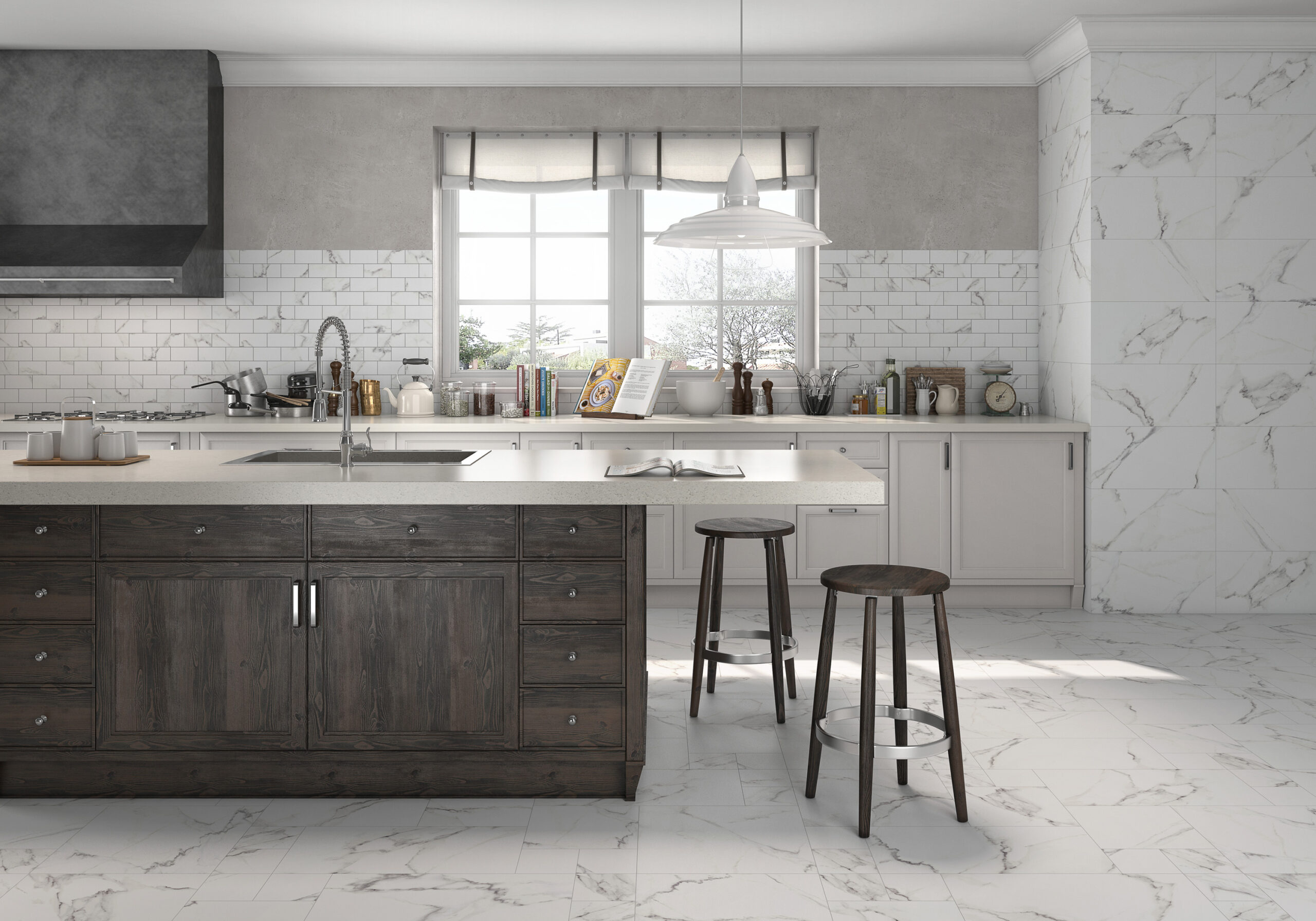 Calacatta Tile Collection that visualizes as a white marble and comes in a variety of tile sizes including a 12x24.