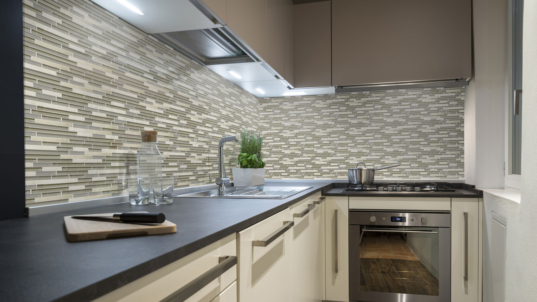 Glass and Stone Blend Linear Mosaics by Lint Tile