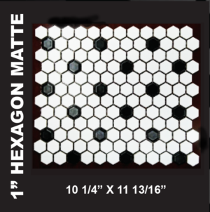 Black and White Mosaics - Black/White 1" Hexagonal Matte Mosaics on a 11 x 12 Sheet