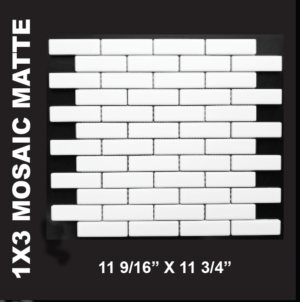 Black and White Mosaics - White 1x3 Brick Matte Mosaics on a 12 x 12 Sheet