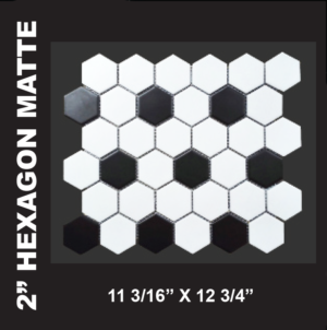 Black and White Mosaics - Black/White 2" Hexagonal Matte Mosaics on a 12 x 13 Sheet