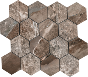 Fossilique Stone Mineral Umber Porcelain 3x3 Hexagonal Mosaics on a 10.25