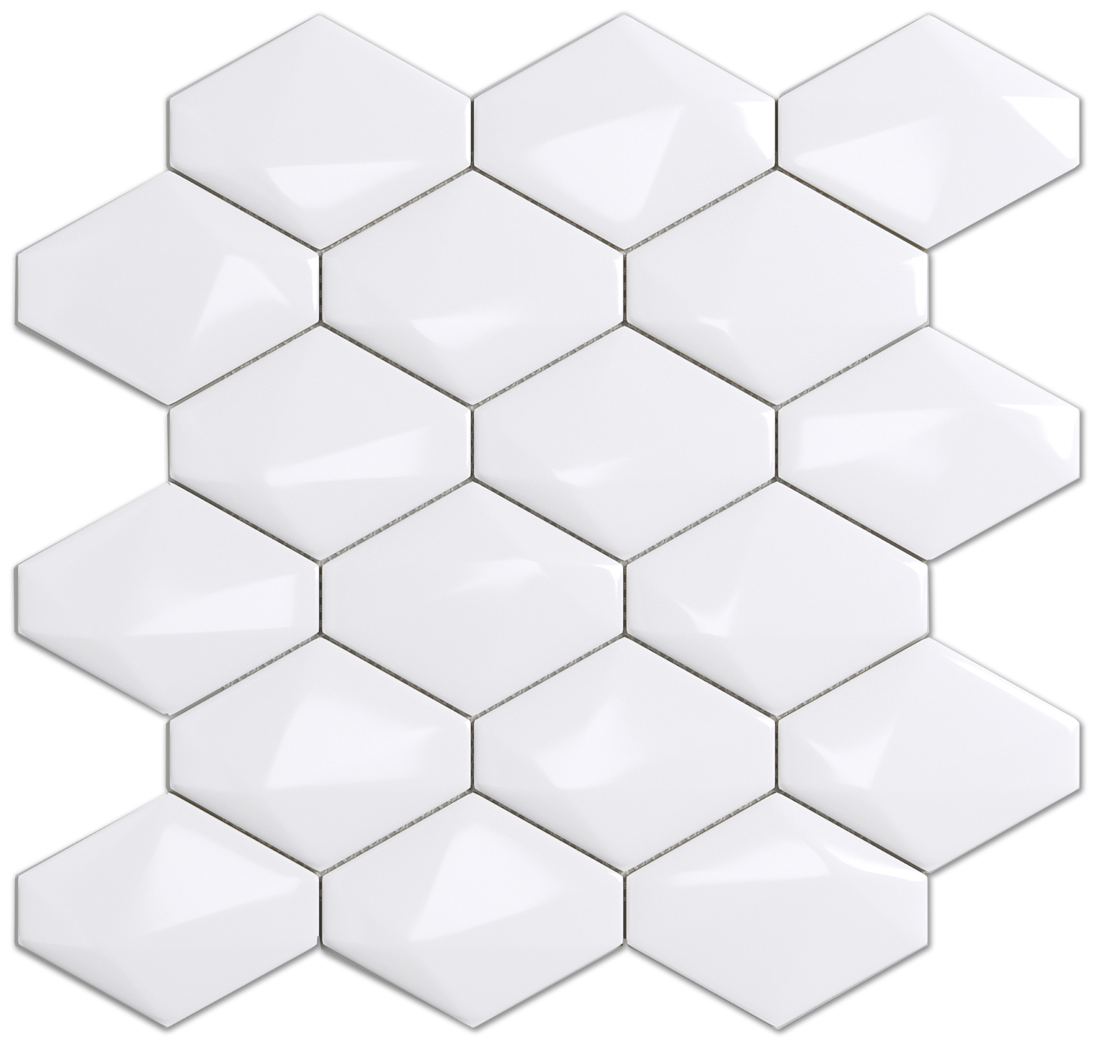 Diamond Back White 3d Glossy Ceramic Mosaic - 3x3.5 on a 10.5 x 12.5 sheet