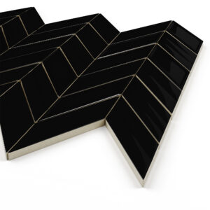 Fletching Black Glossy Ceramic Mosaic- 1" x 3.5" on 12" x 11.5" Sheet-corner view