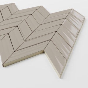 Fletching Taupe Glossy Ceramic Mosaic- 1" x 3.5" on 12" x 11.5" Sheet- corner view.