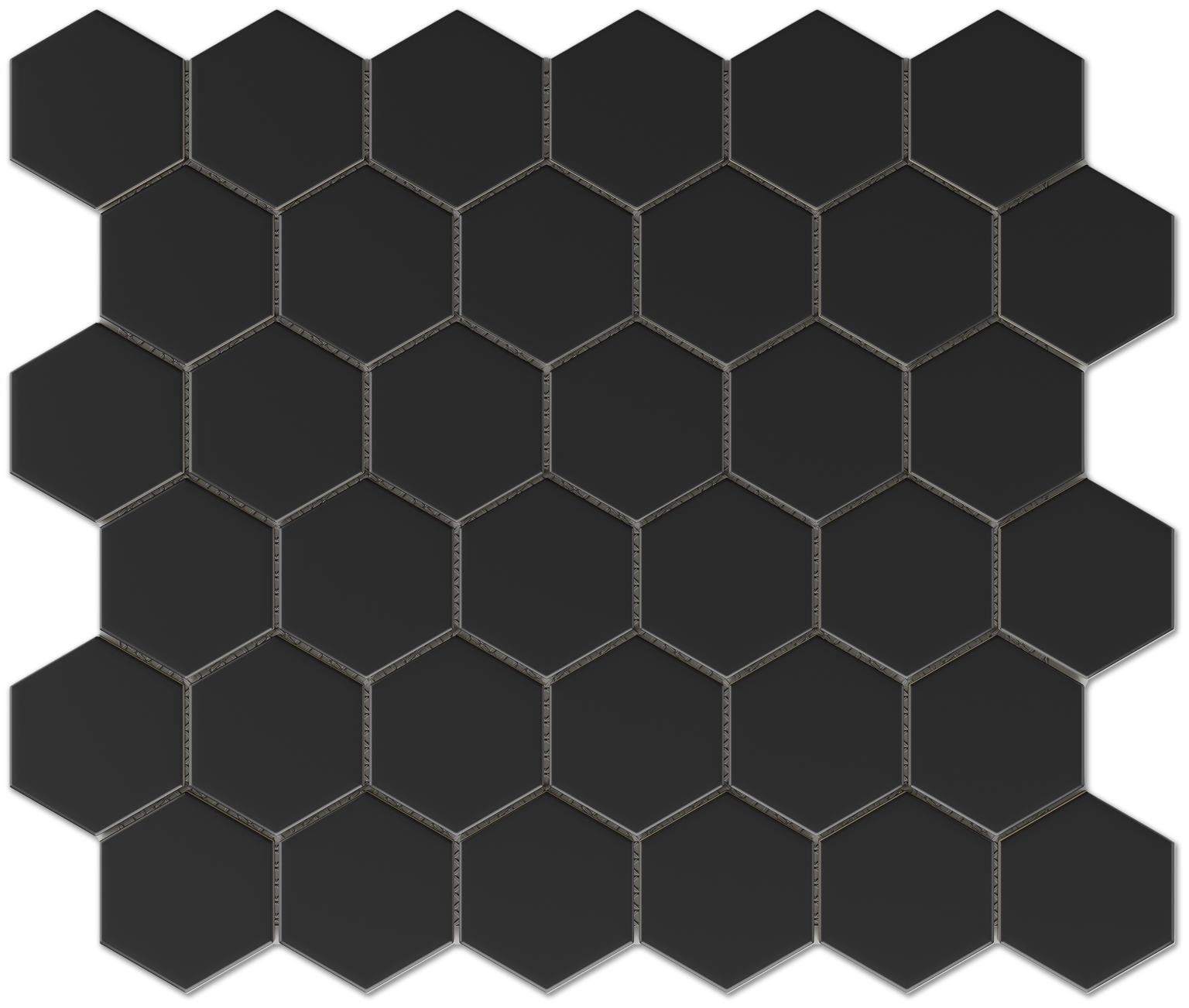 2.5" x 2" Hexagon Black textured porcelain mosaic on a 11" x 13" sheet