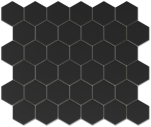 2.5" x 2" Hexagon Black textured porcelain mosaic on a 11" x 13" sheet