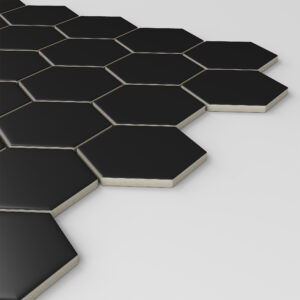 2.5" x 2" Hexagon Black textured porcelain mosaic on a 11" x 13" sheet - corner view