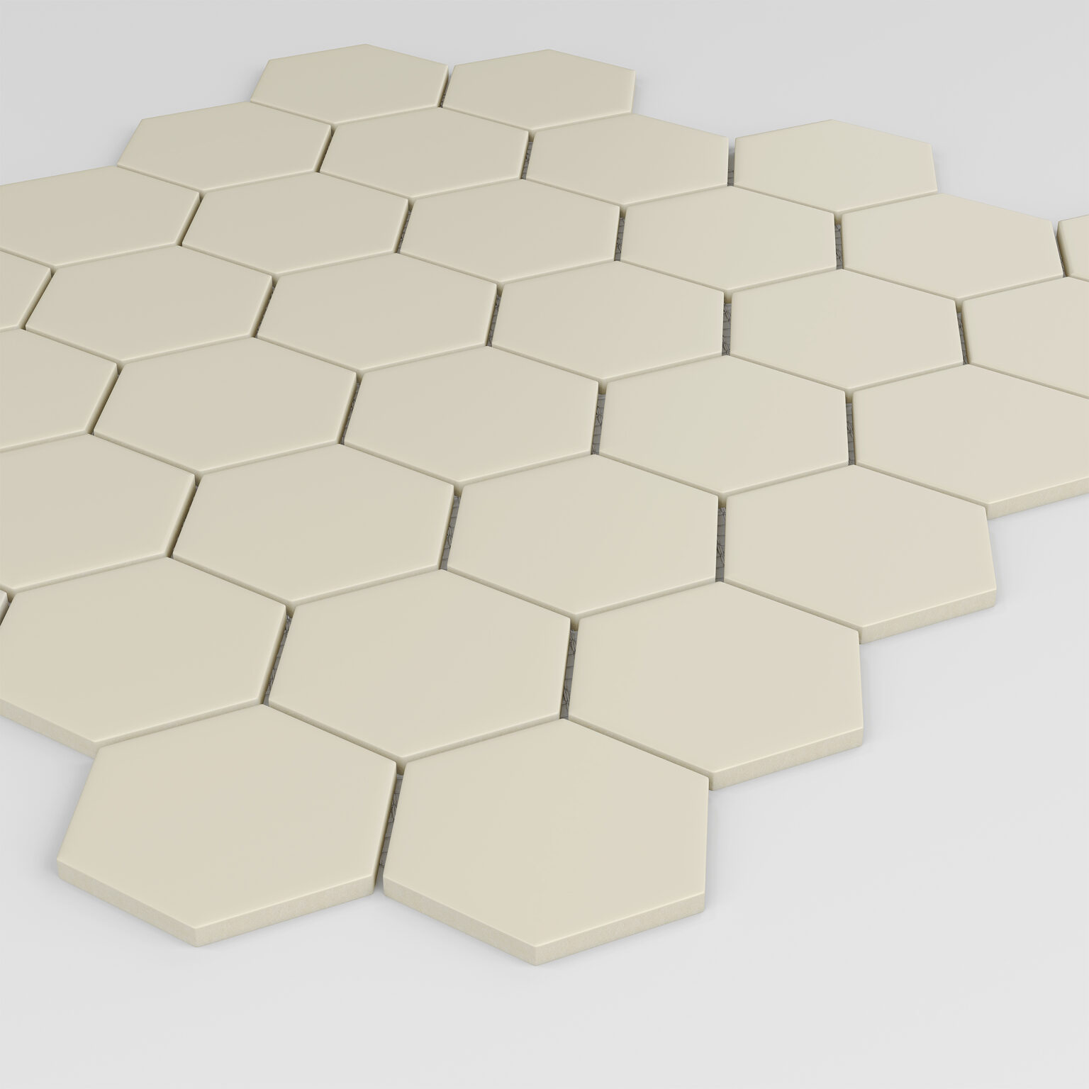2.5" x 2" Hexagon Taupe textured porcelain mosaic on a 11" x 13" sheet - corner view