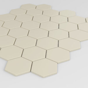 2.5" x 2" Hexagon Taupe textured porcelain mosaic on a 11" x 13" sheet - corner view