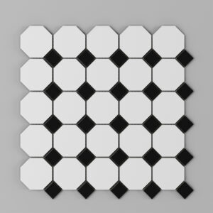 Octagon White/Black Porcelain Mosaics- 2x2 on 11.5" x 11.5" Sheet- Satin/Matte
