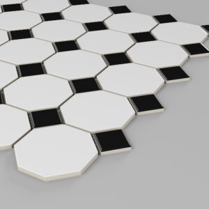 Octagon White/Black Porcelain Mosaics- 2x2 on 11.5" x 11.5" Sheet- Satin/Matte- Corner View