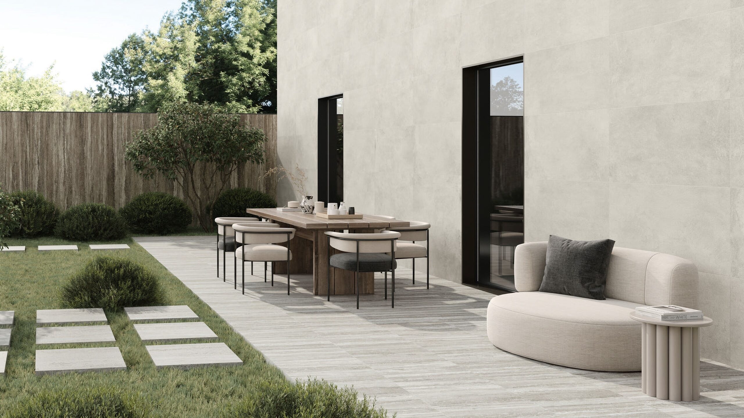Lifestyles for 2CM Porcelain Pavers- Travertine Roman Floor, Titanium Barrier and Imprint Intaglio Facade