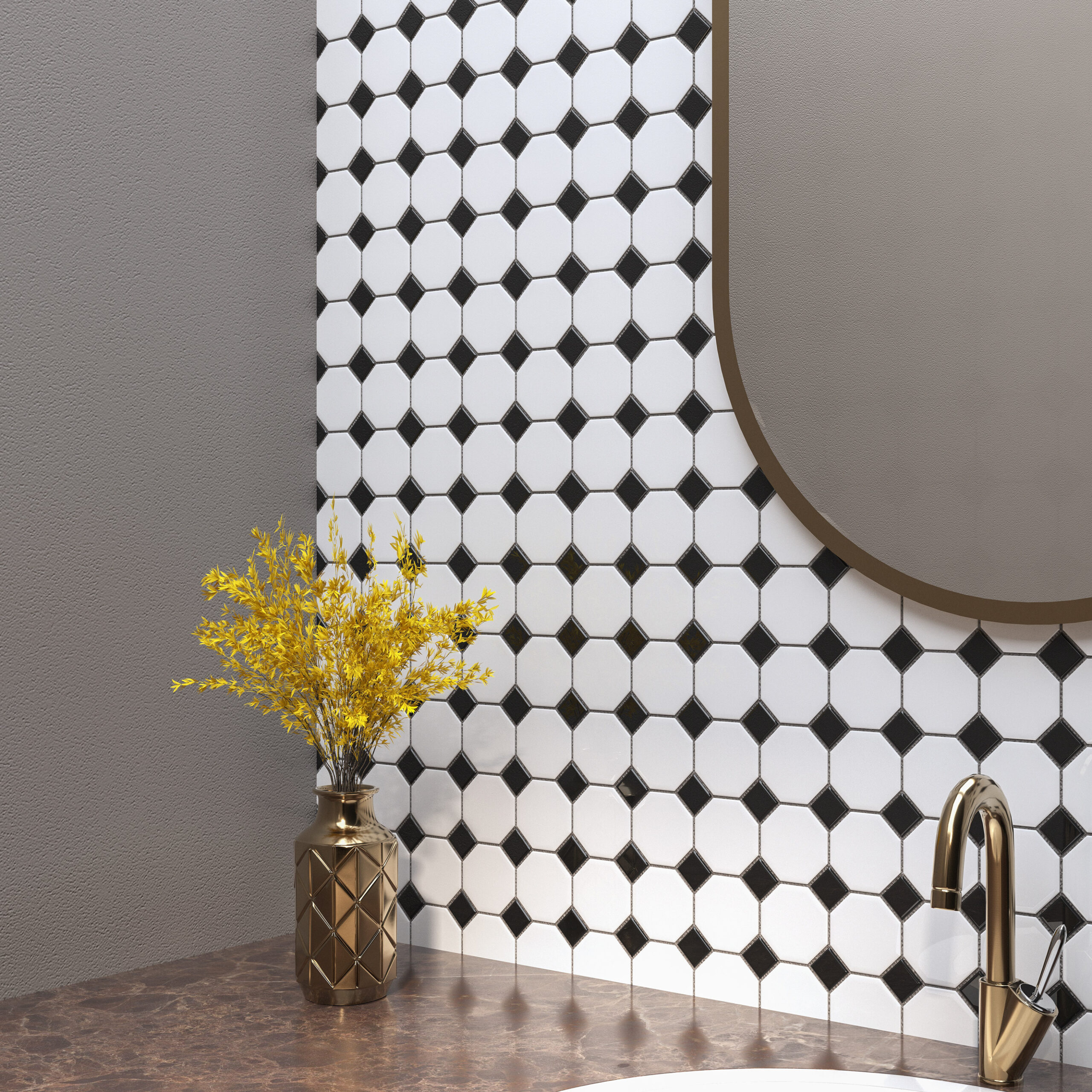 Octagon White/Black Porcelain Mosaics Kitchen Lifestyles